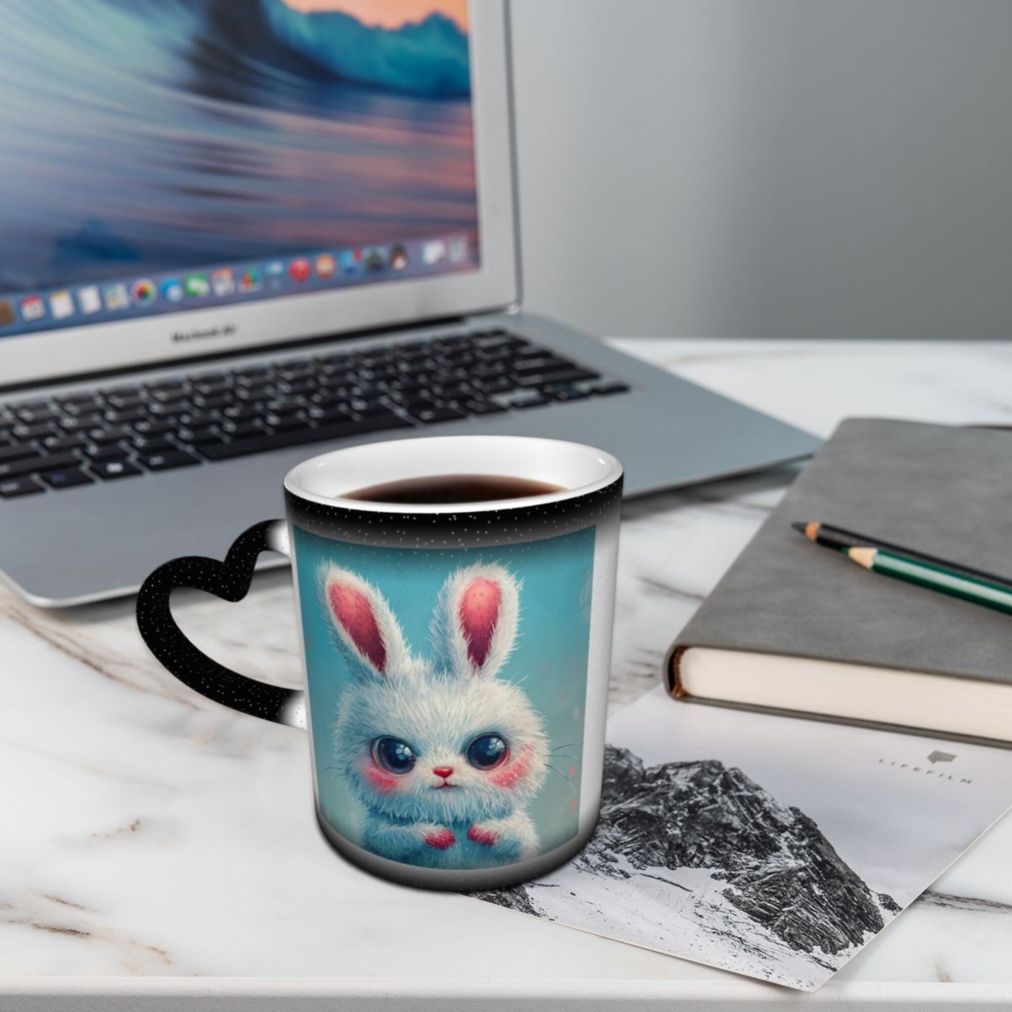 Adorable Heat-Sensitive Color-Changing Ceramic Mug – Cute Bunny Design, Heart Handle, Perfect Gift